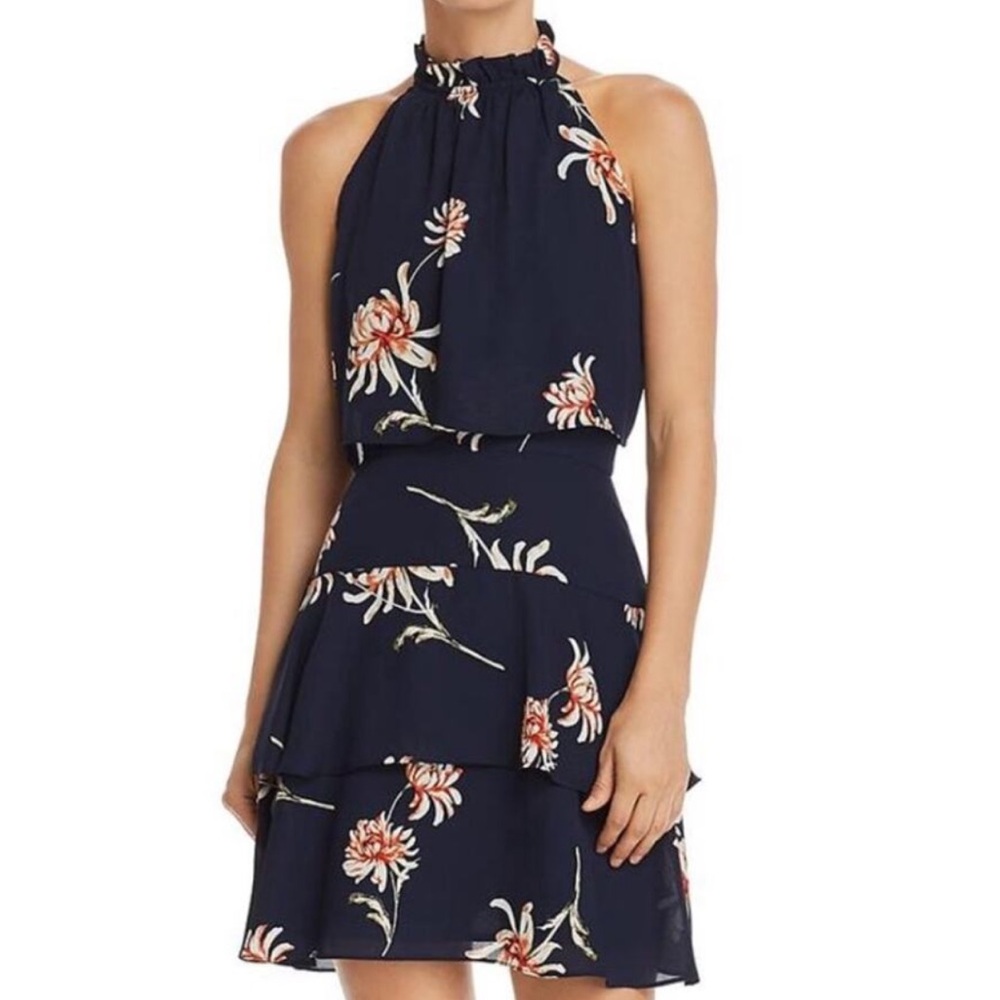 Navy Floral Halter Tiered Mini Dress